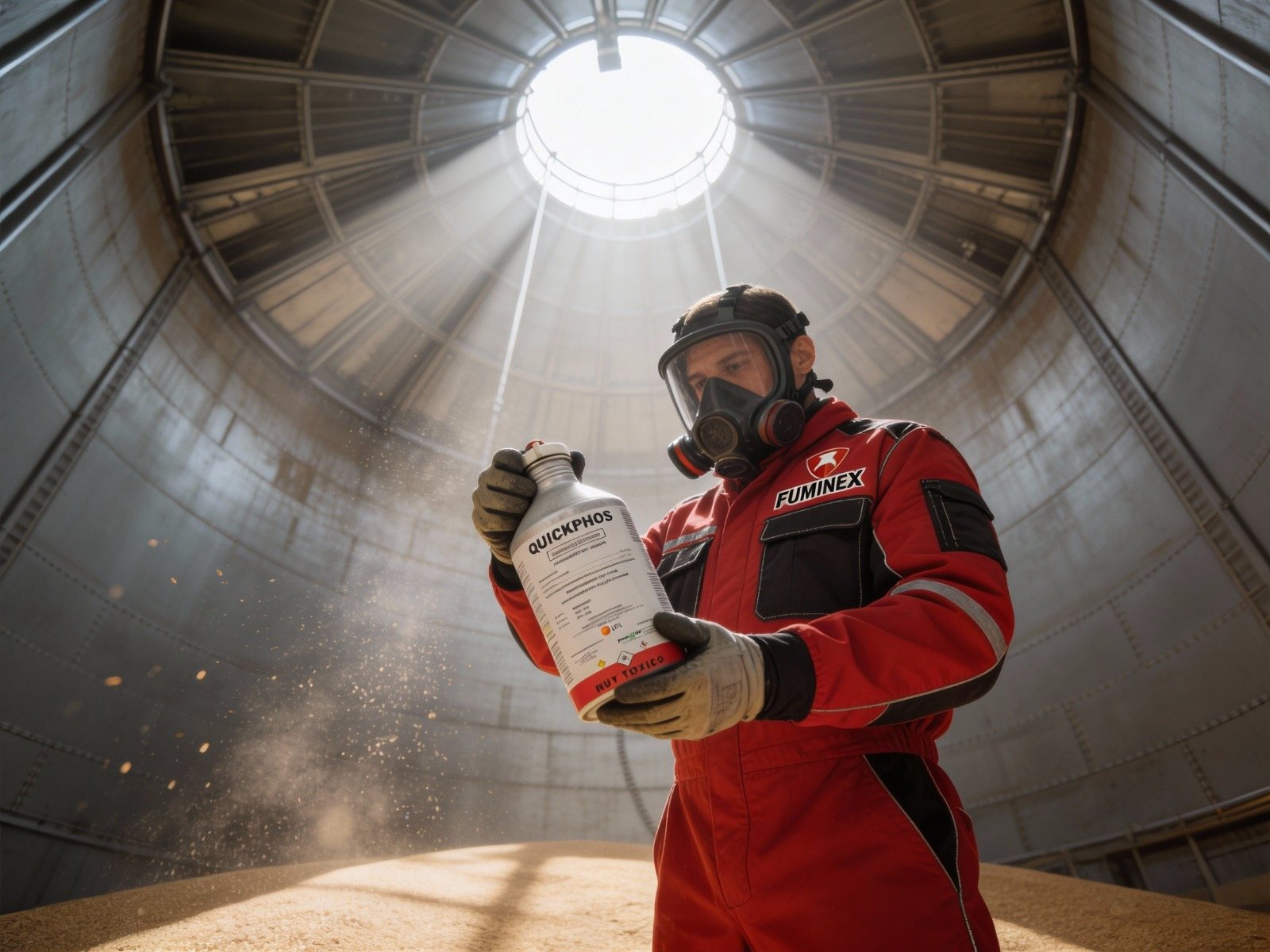 Operador Fuminex aplicando tratamiento PH3 en silo