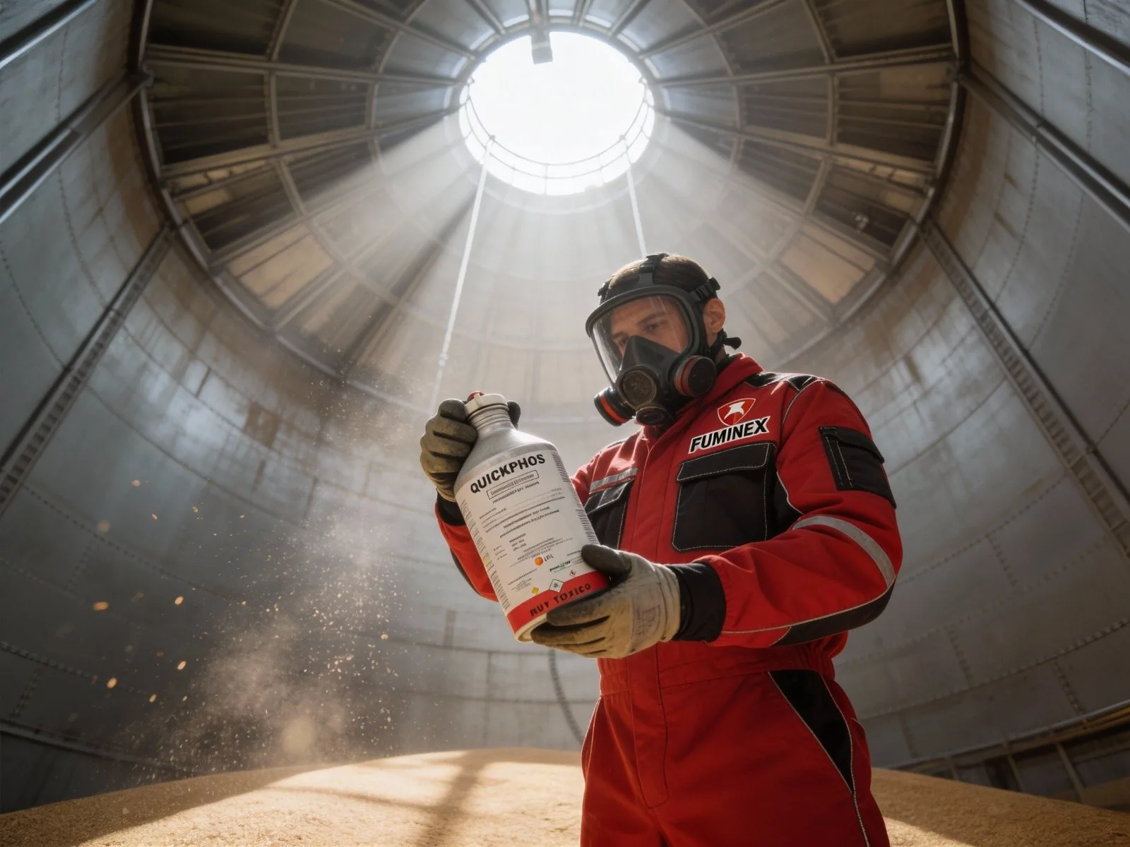 Operador Fuminex aplicando tratamiento PH3 en silo