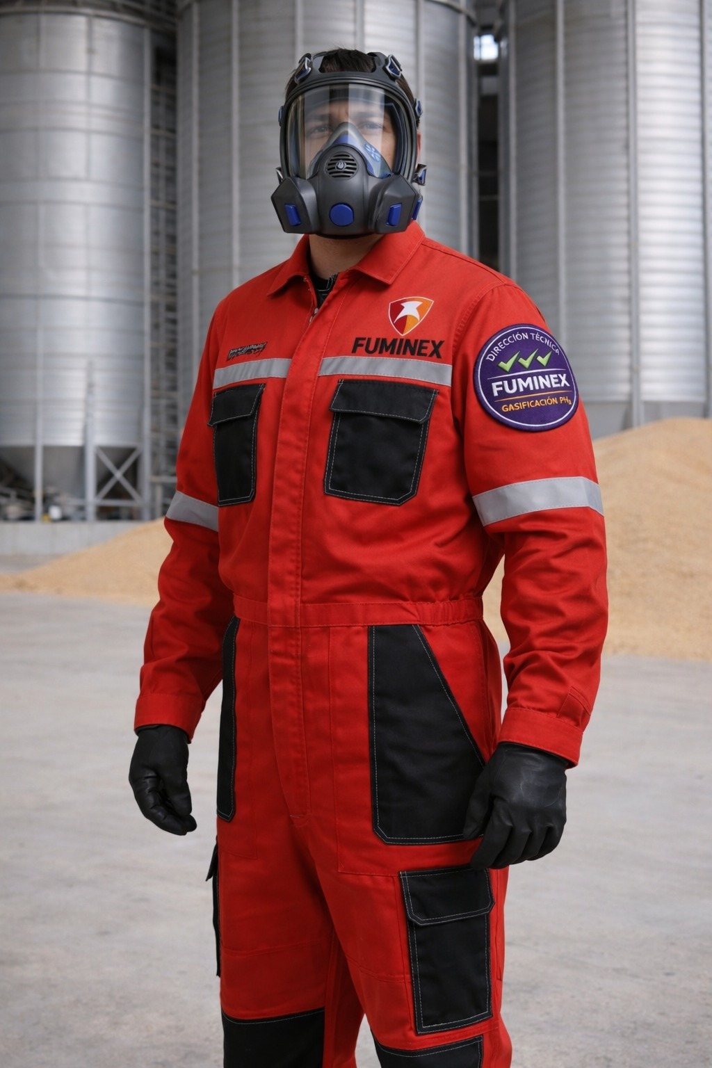Técnico Fuminex con uniforme y protección respiratoria